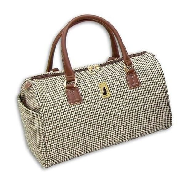 London Fog Women Oxford Travel Satchel Luggage Hand Bag Brown Houndstooth #8100 - Picture 1 of 13